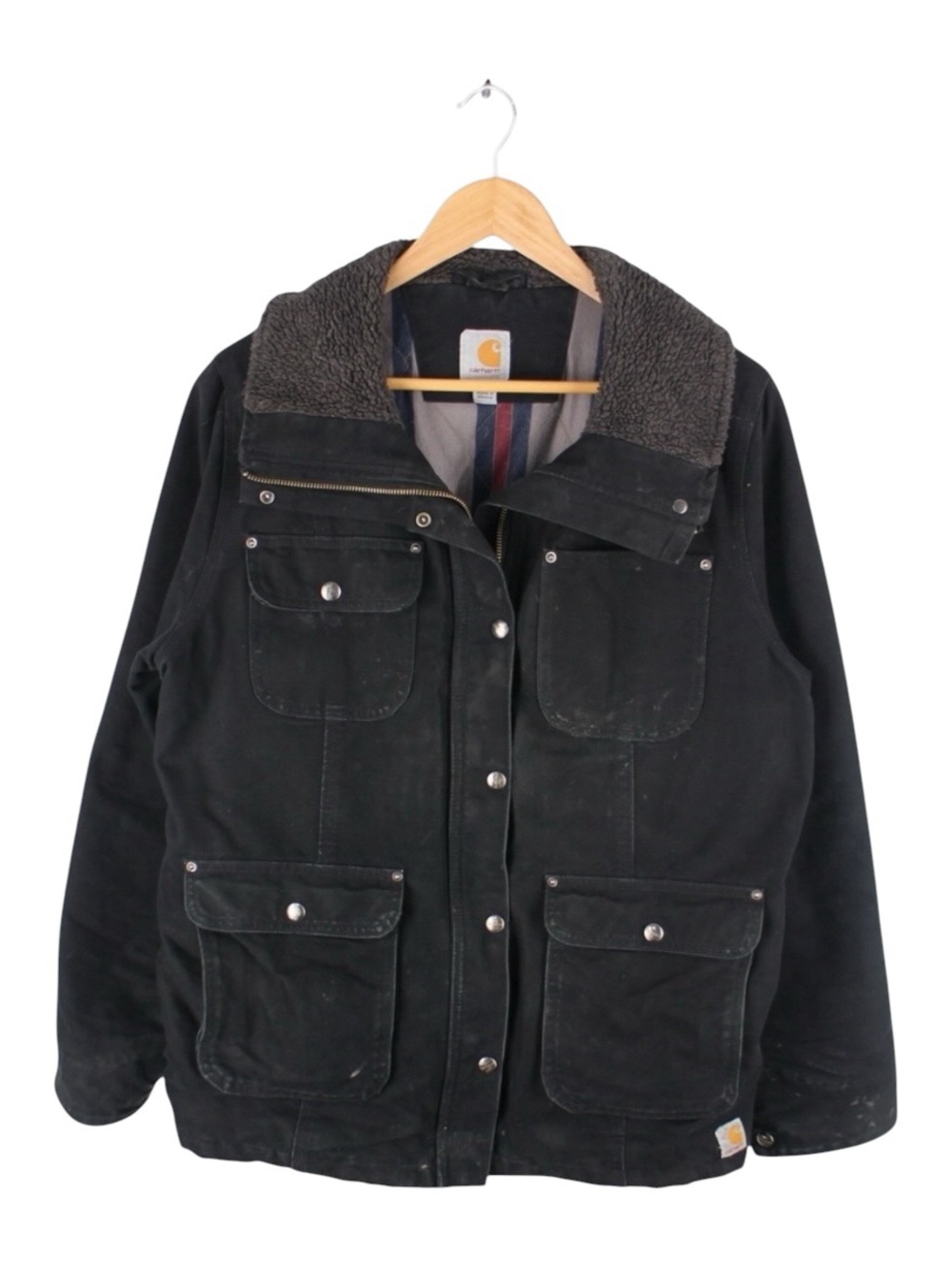 Carhartt Chore Coat Black Duck Canvas Sherpa Collar Blanket Lined Women's XL
